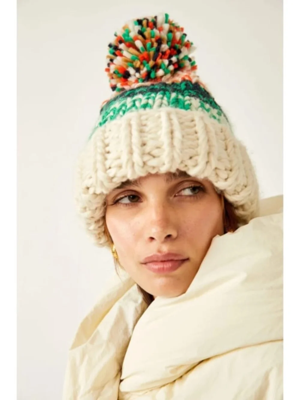 NEW Free People Tide Stripe Knit Pom Beanie Ivory